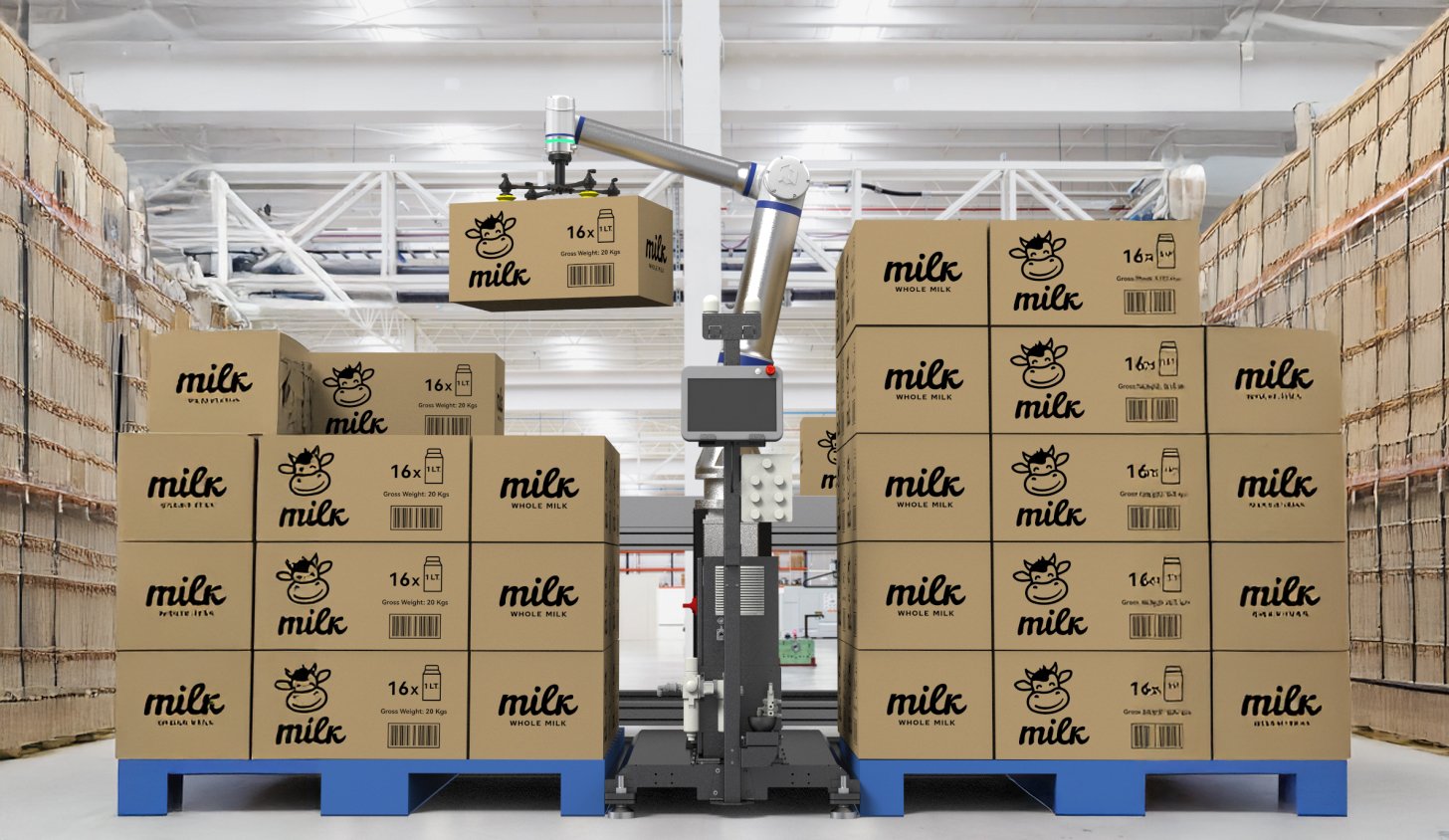 Robot colaborativo de paletizado apilando cajas de leche en palets dentro de una planta industrial.