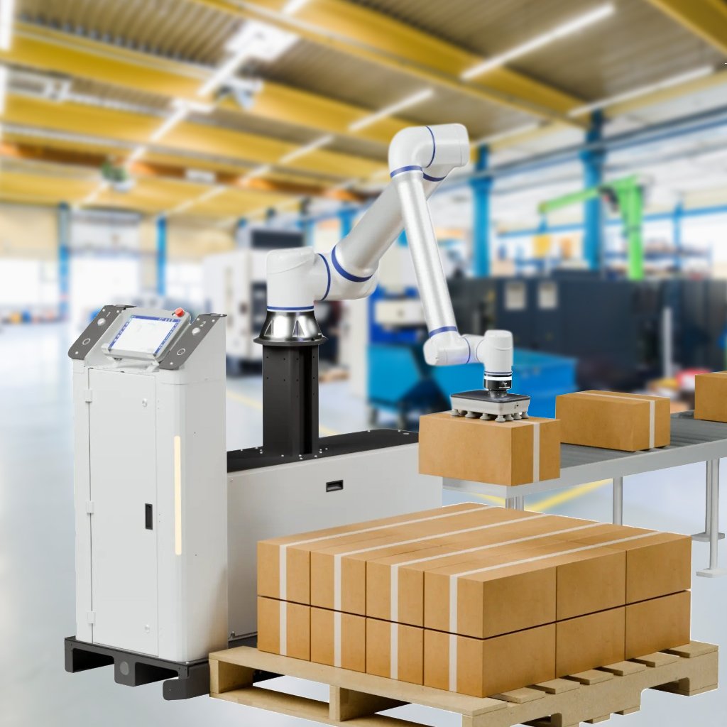 Robot colaborativo de paletizado apilando cajas de cartón en un almacén logístico, automatizando tareas repetitivas y mejorando la eficiencia productiva.